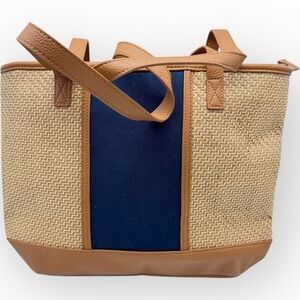 Thirty-One 31 Little Dreamer Woven Straw Pattern Navy‎ Blue Panel Tote Bag